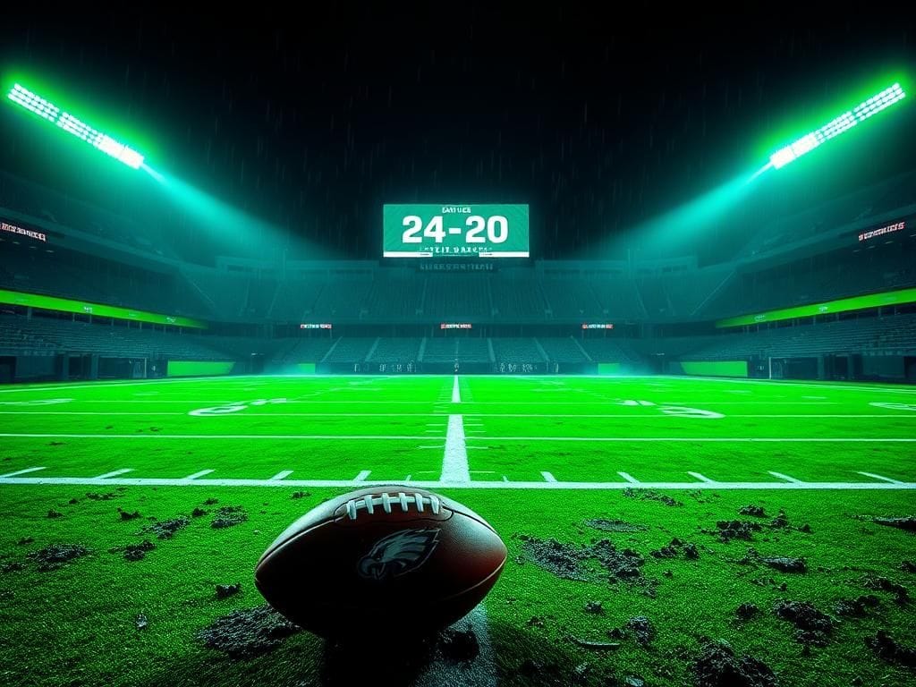 Flick International A football field with vibrant green lights after an NFL game, showing a muddy football on the 50-yard line