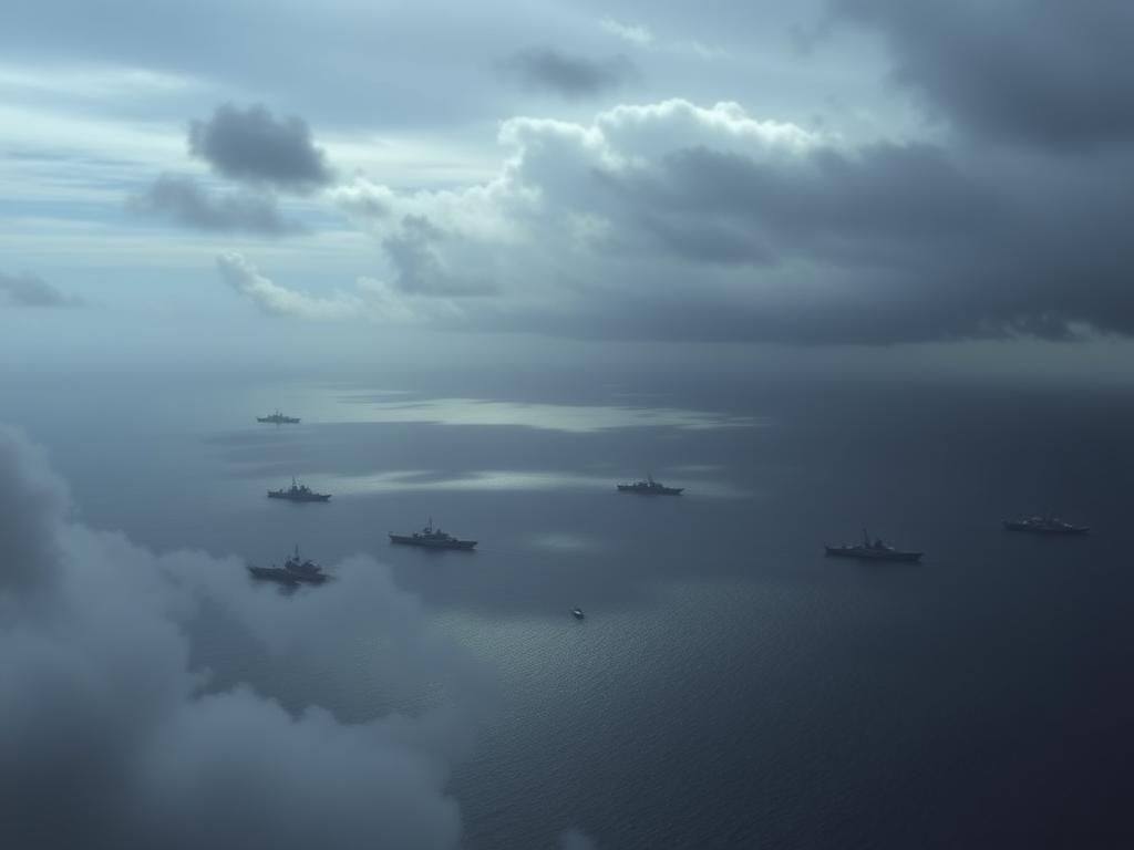 Flick International Aerial view of naval warships in the Caribbean Sea amid stormy skies