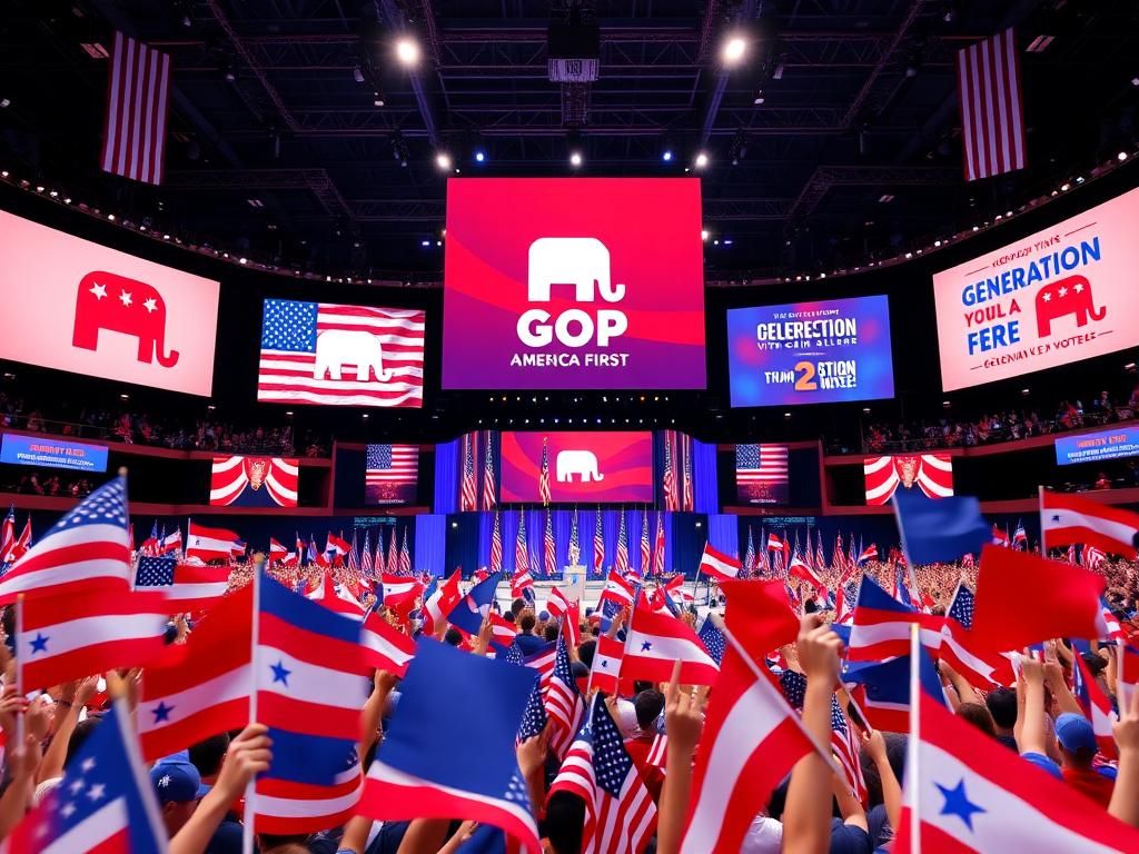 Flick International A vibrant convention hall featuring patriotic symbols and a podium with the GOP logo.