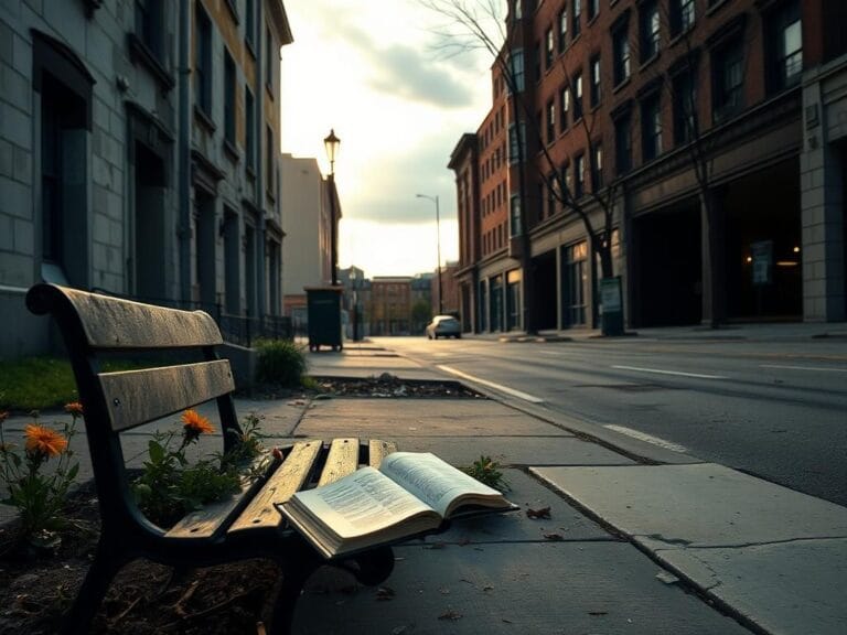 Flick International A city street scene at dawn, featuring a weathered park bench and a blooming flower garden amidst an urban setting.