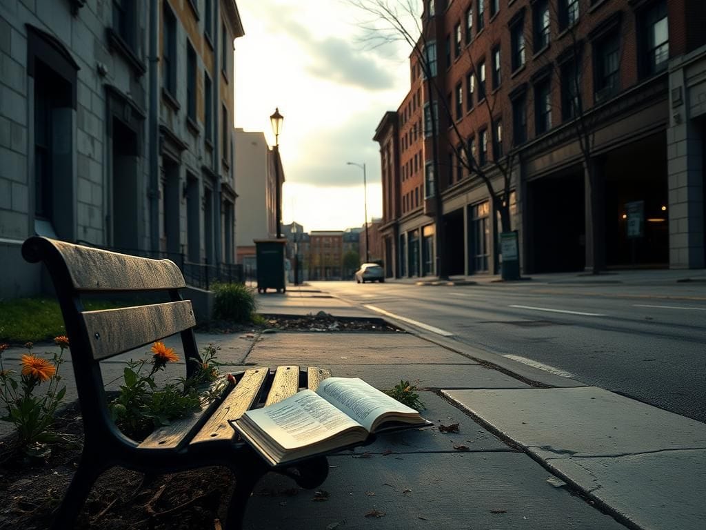 Flick International A city street scene at dawn, featuring a weathered park bench and a blooming flower garden amidst an urban setting.