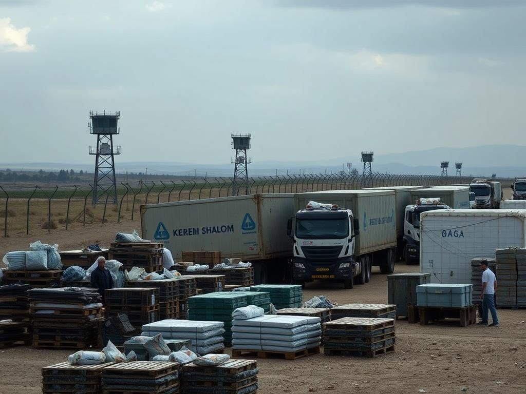 Flick International Aid trucks waiting at the Kerem Shalom crossing, symbolizing the humanitarian crisis in Gaza