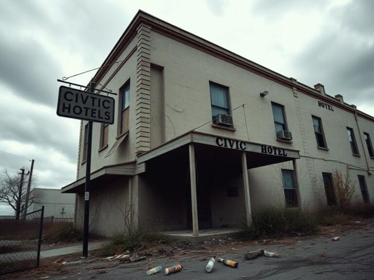 Flick International Desolate exterior of the historic Civic Hotel with boarded-up windows and signs of neglect