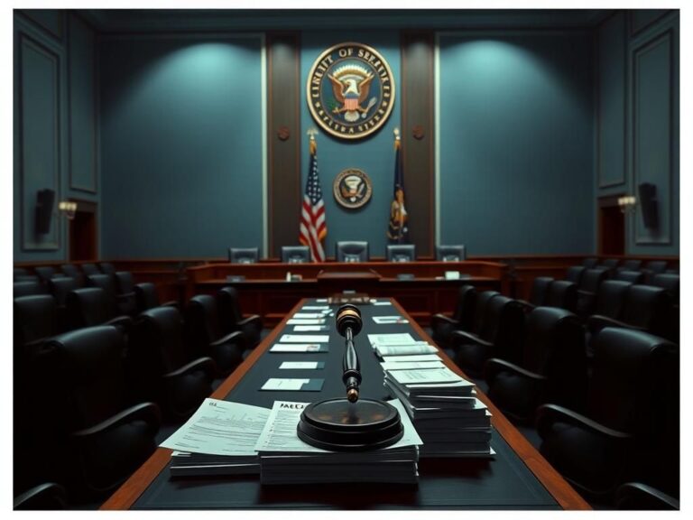 Flick International A tense Senate hearing room set for a debate on vaccines with an American flag in the background