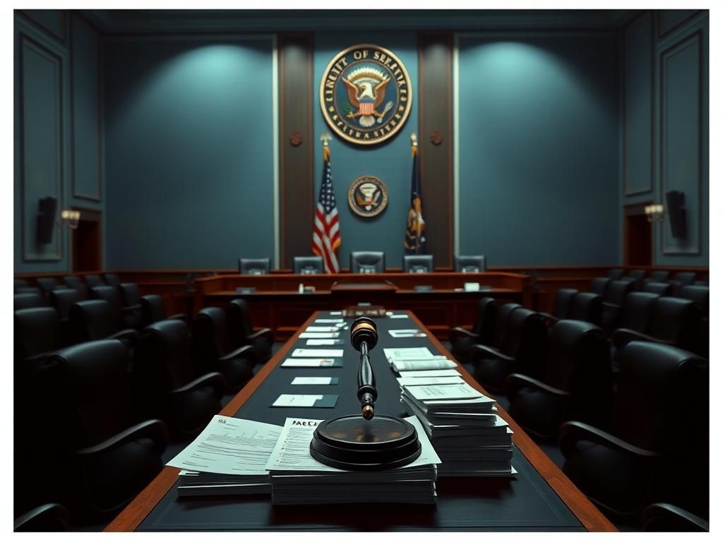 Flick International A tense Senate hearing room set for a debate on vaccines with an American flag in the background