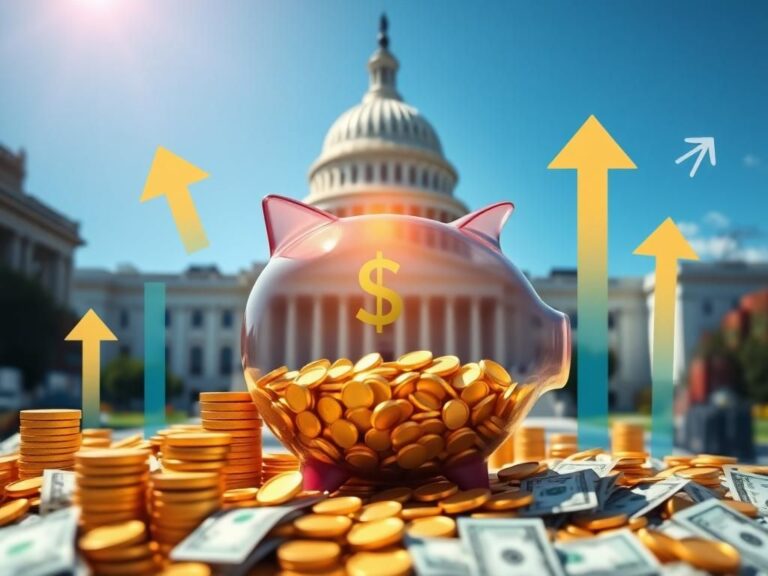 Flick International Conceptual image of the U.S. Capitol building with stacks of gold coins and dollar bills symbolizing tariff revenues for national debt reduction