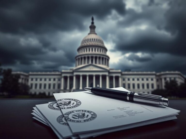 Flick International A somber depiction of the U.S. Capitol dome under a cloudy sky with official documents and an autopen device in the foreground.