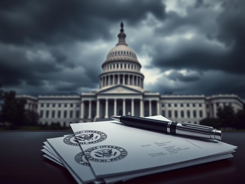 Flick International A somber depiction of the U.S. Capitol dome under a cloudy sky with official documents and an autopen device in the foreground.