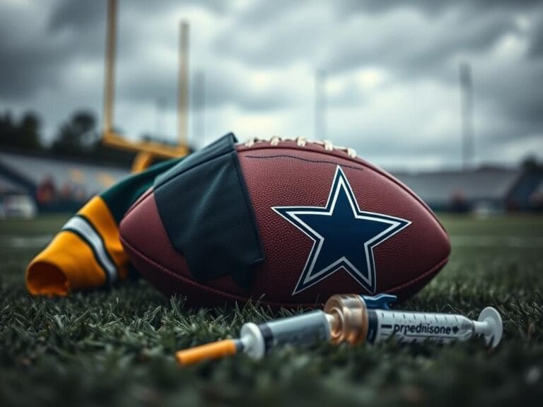 Flick International A close-up of an NFL football surrounded by Packers and Cowboys jerseys, symbolizing Micah Parsons' trade and injury concerns.