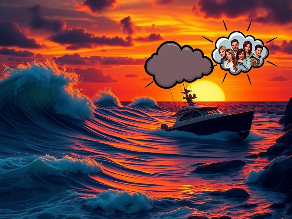 Flick International Military boat silhouetted against a sunset coastal scene