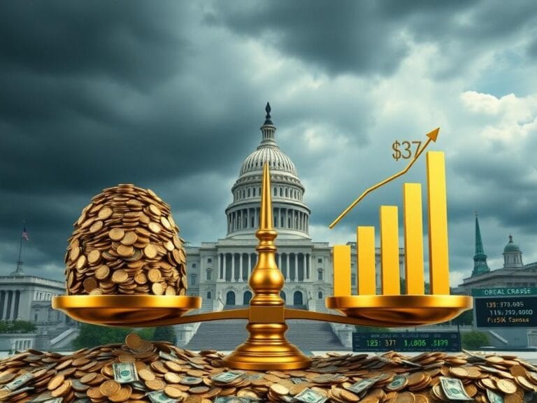 Flick International A golden balance scale against a backdrop of financial symbols representing national debt reduction through tariff revenues