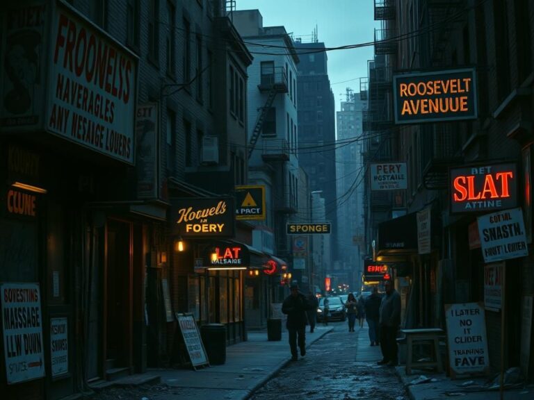 Flick International A gritty view of Roosevelt Avenue in New York City, highlighting brothels and neglected storefronts.