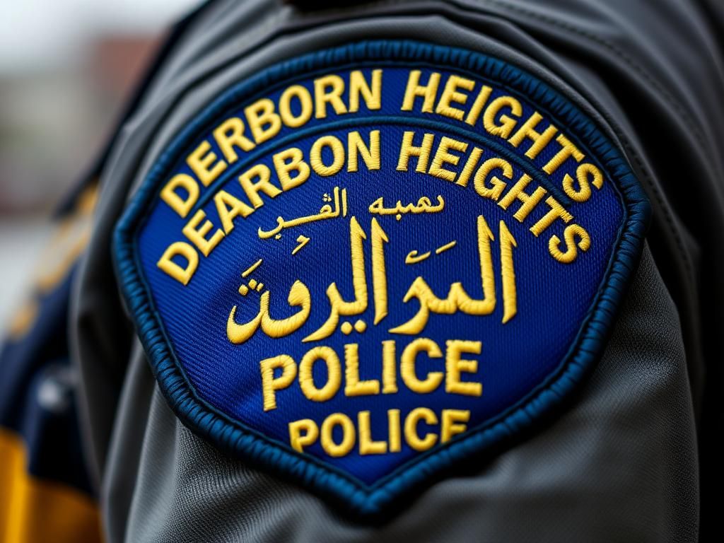 Flick International Close-up of a police uniform patch featuring 'DEARBORN HEIGHTS' and 'POLICE' in English and Arabic