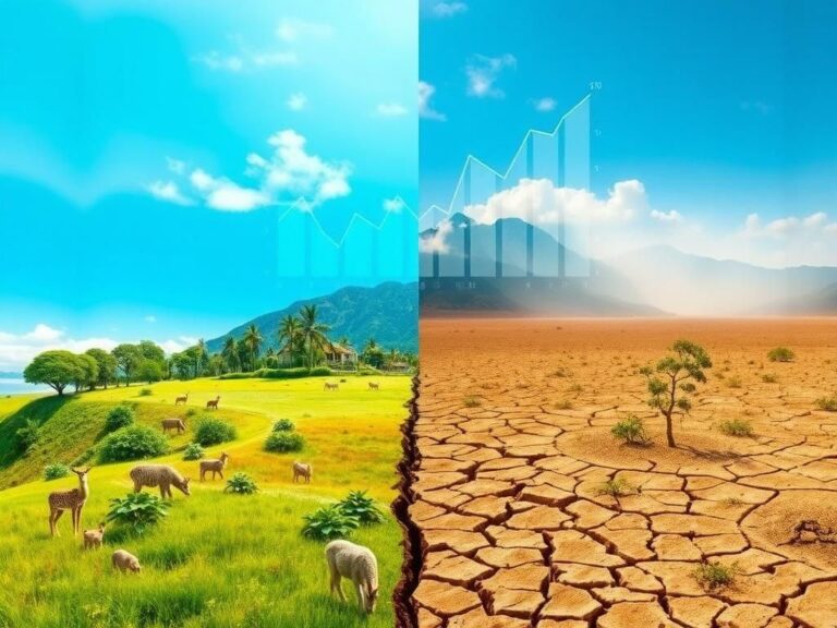 Flick International Split landscape illustration representing the impact of climate change with a healthy ecosystem on one side and a drought-affected area on the other.