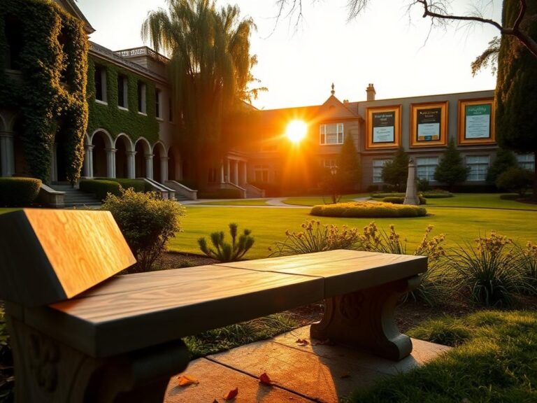Flick International Close-up view of the elegant architecture on the Claremont Colleges campus, showcasing ivy-covered buildings and well-maintained gardens.