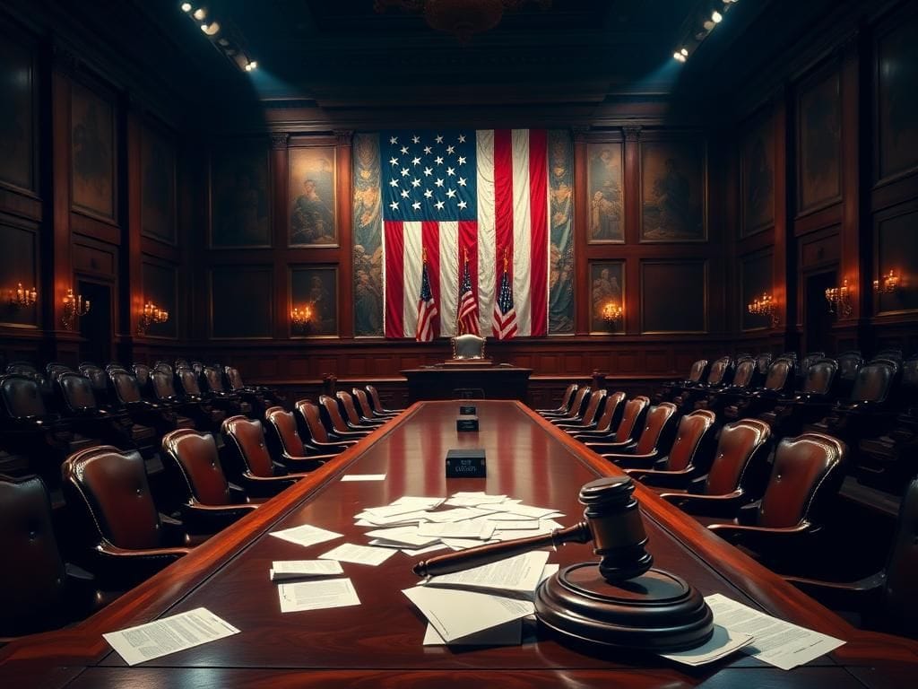 Flick International Dramatic political scene inside the Senate chamber with a long wooden table and empty chairs