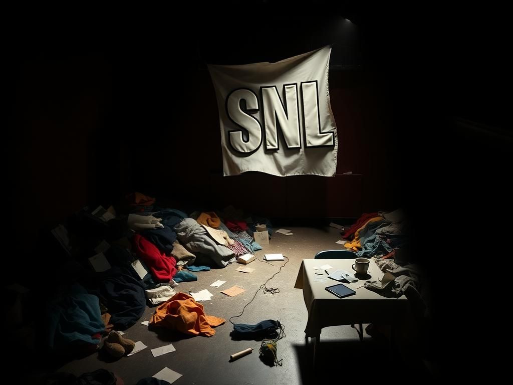 Flick International Dimly lit backstage area of a theater with discarded sketches and comedy props symbolizing the chaotic nature of show business
