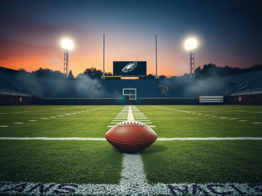 Flick International A football resting on the turf of a Philadelphia Eagles stadium after a tense game against the Dallas Cowboys at dusk.