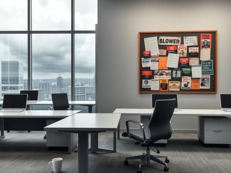 Flick International Modern office space with sleek desks, empty meeting rooms, and a cloudy sky outside