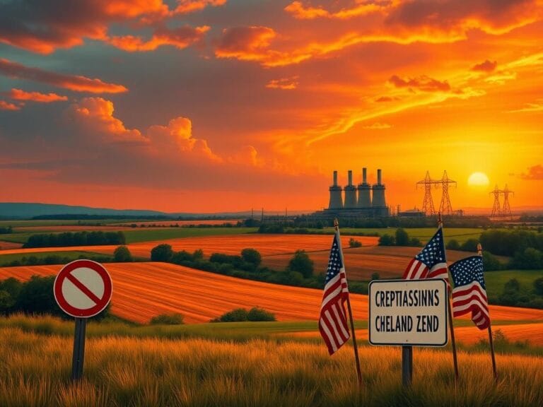 Flick International Dramatic landscape of Cheatham County, Tennessee, showcasing farmland and a power plant symbolizing land seizure struggles