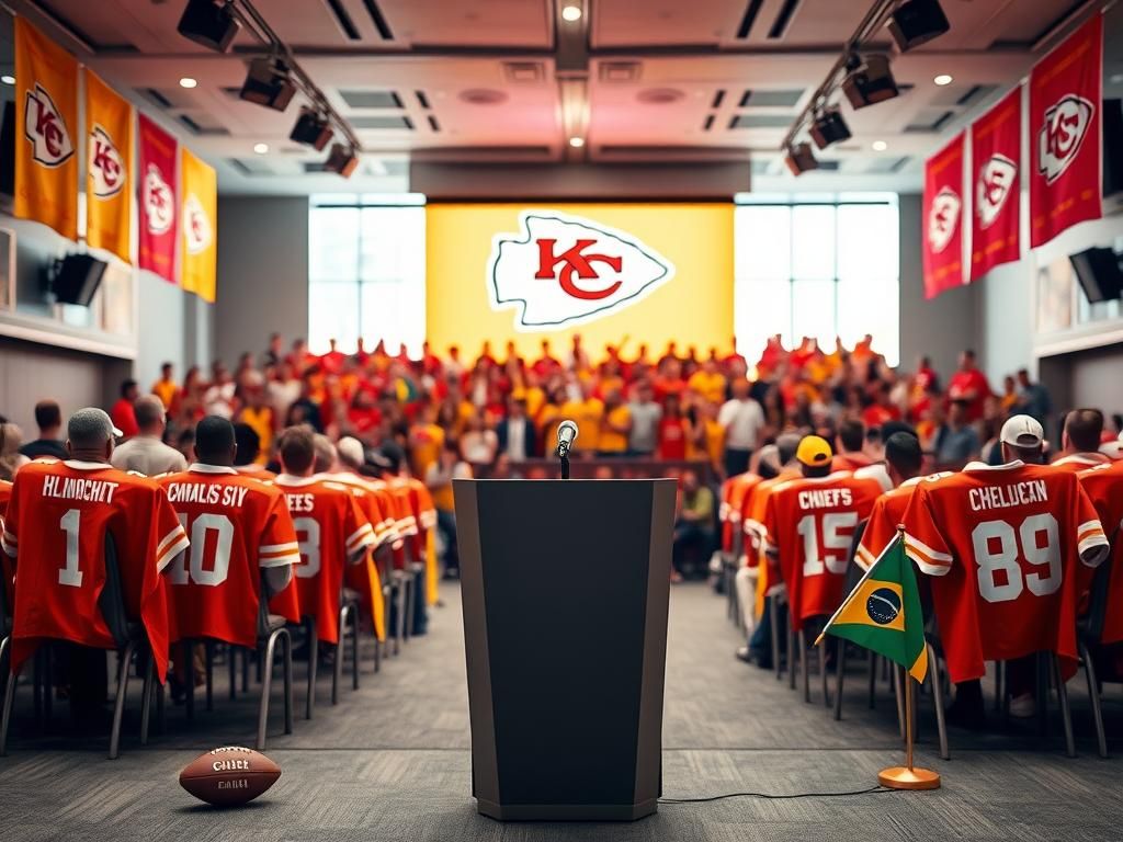Flick International Travis Kelce impersonating Patrick Mahomes at a vibrant press conference in São Paulo, Brazil