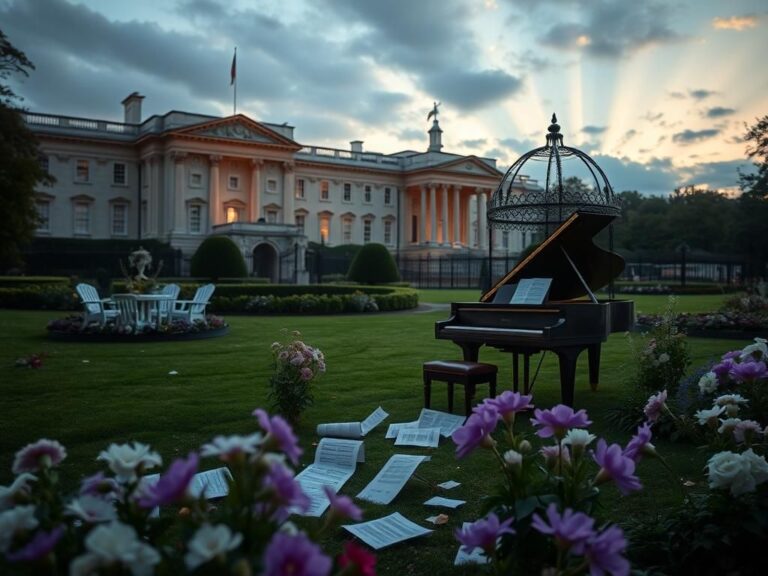 Flick International Serene twilight scene at Kensington Palace with flowers and a grand piano