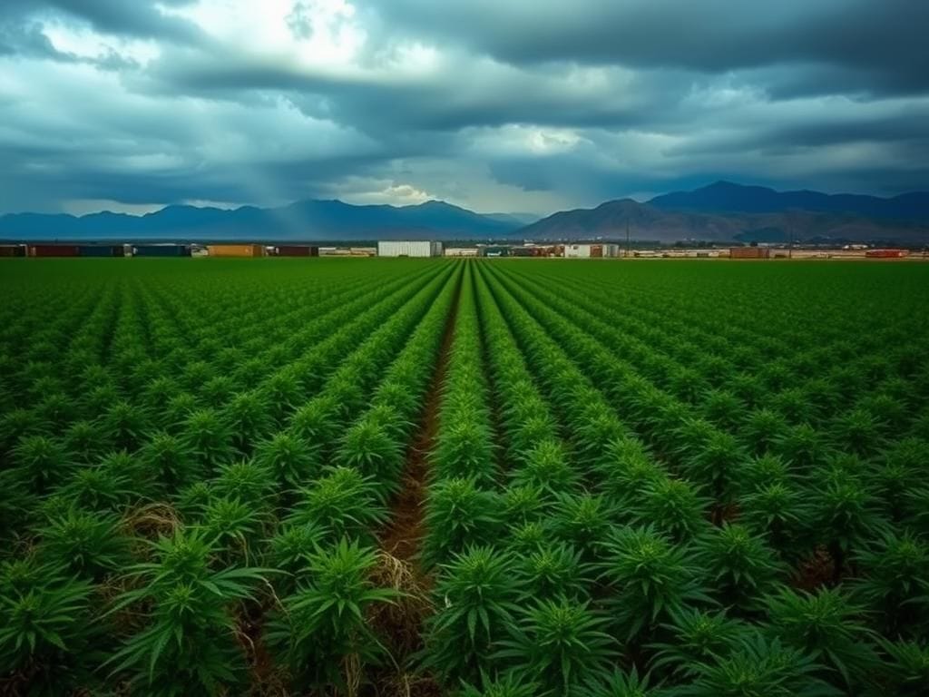 Flick International Vast landscape of California marijuana farms with lush green cannabis plants under a dramatic sky