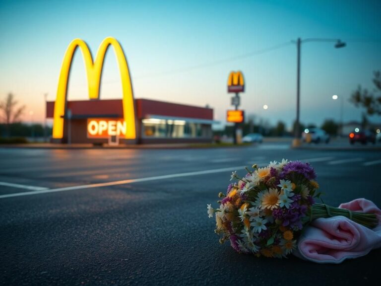 Flick International A serene morning view of a McDonald's parking lot with golden arches and wildflowers, symbolizing a joyful birth