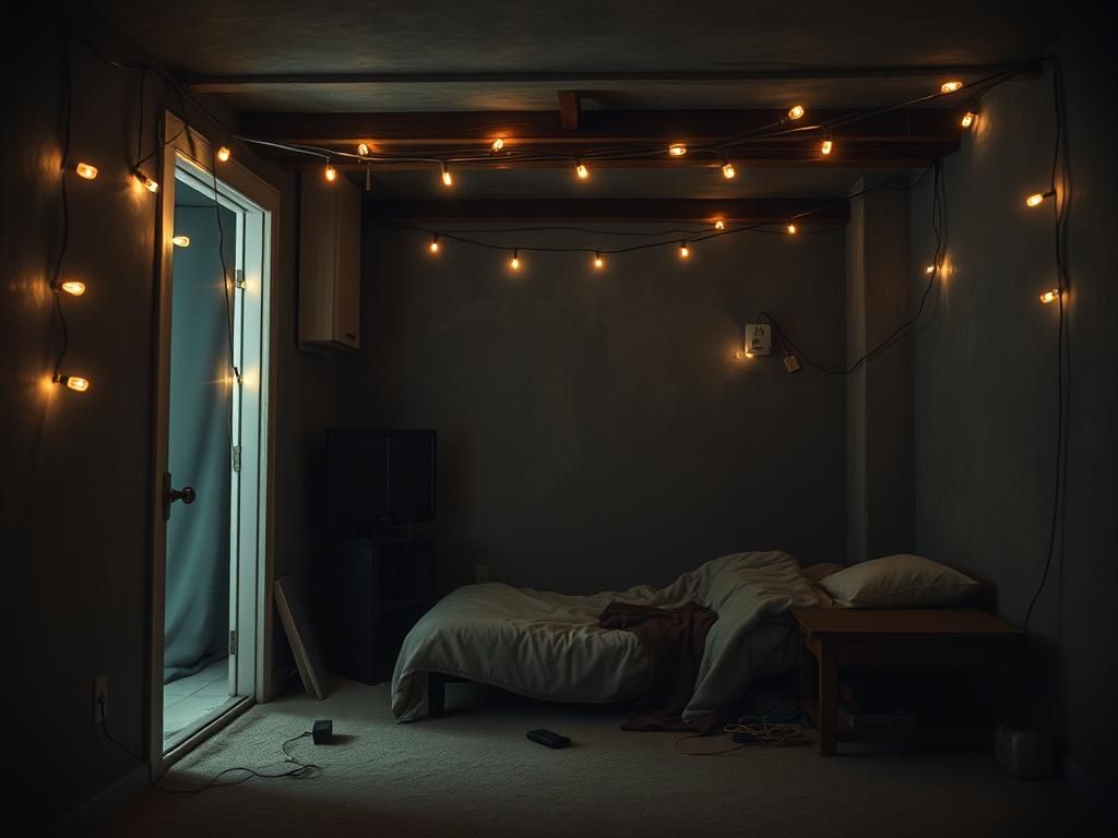 Flick International Dimly lit crawl space beneath a condominium with makeshift living items