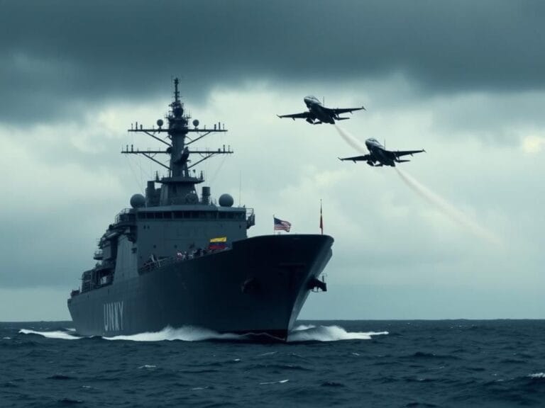Flick International U.S. Navy ship with Venezuelan military jets flying low overhead in a tense maritime scene