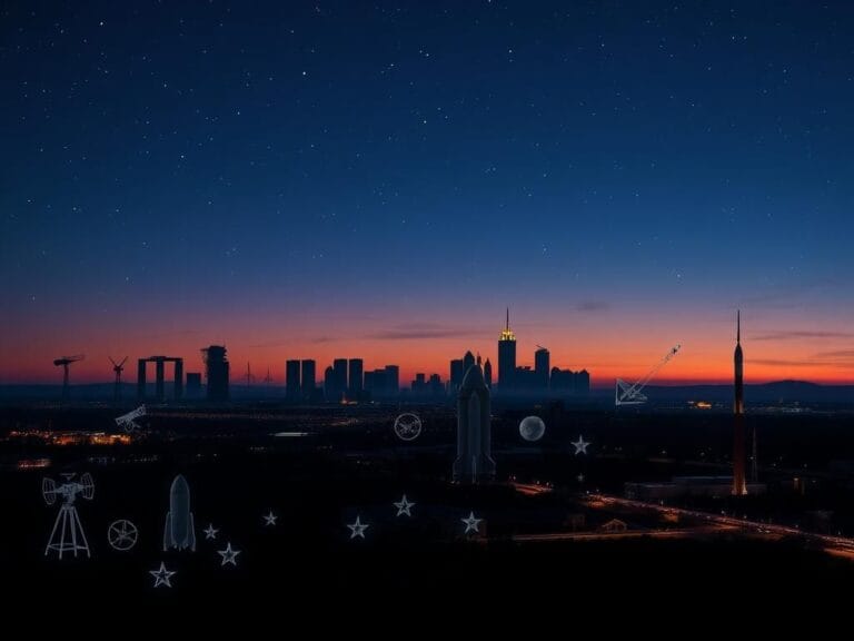 Flick International Panoramic view of Huntsville, Alabama skyline with Redstone Arsenal silhouetted against the dusk sky