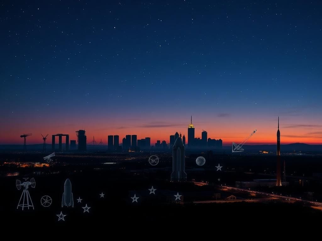Flick International Panoramic view of Huntsville, Alabama skyline with Redstone Arsenal silhouetted against the dusk sky