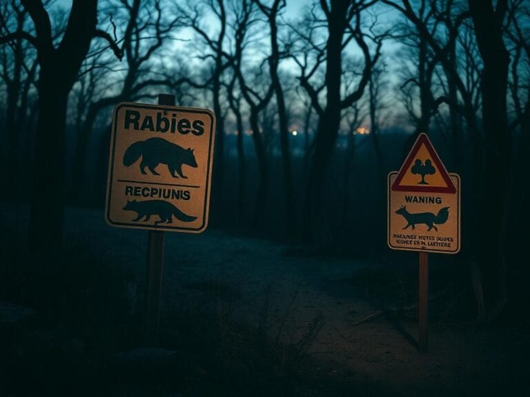 Flick International Dark forest scene at dusk with rabies warning signs and animal tracks