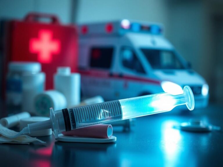 Flick International Close-up of a transparent 30-ml syringe filled with glowing TRAUMAGEL gel against an emergency response scene