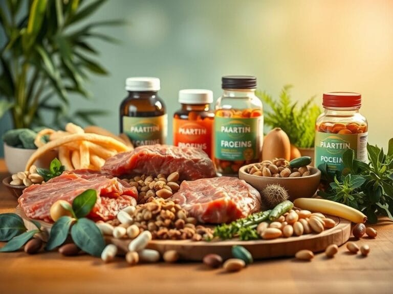 Flick International Vibrant still life of protein-rich foods including lean meats, legumes, and nuts on a wooden table