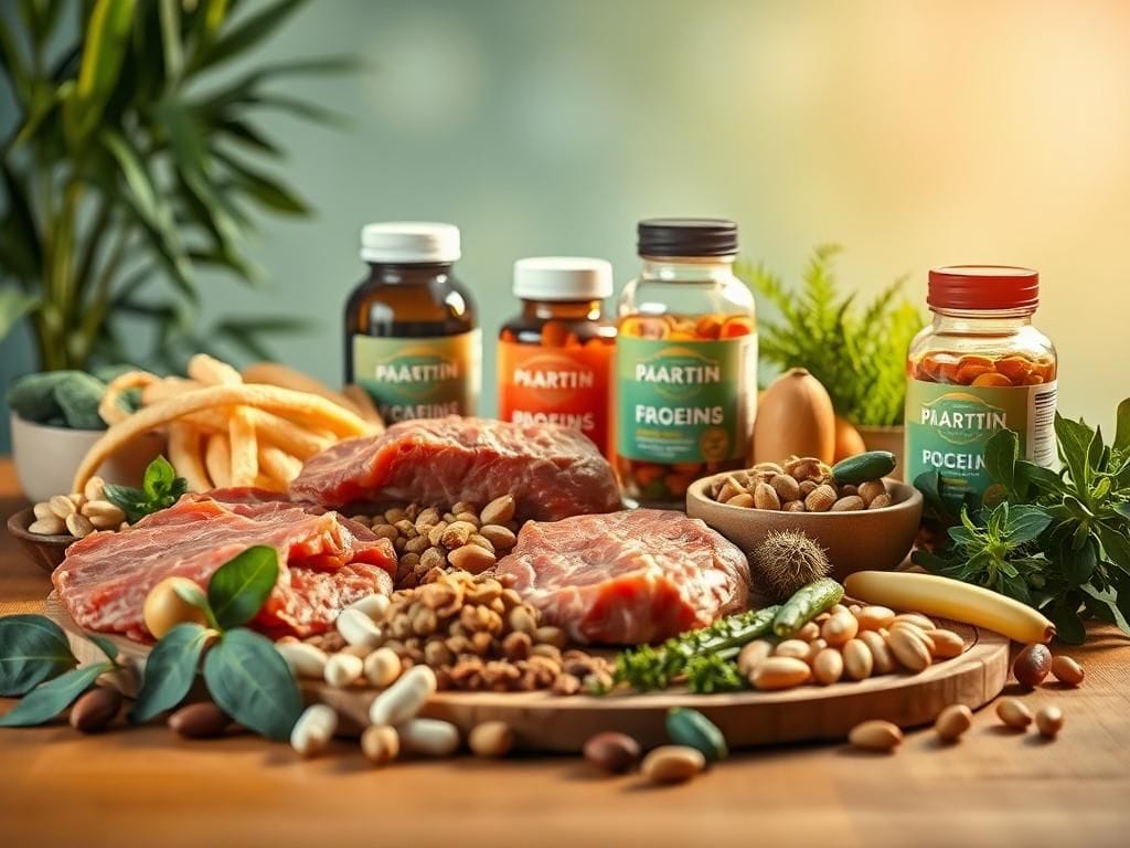 Flick International Vibrant still life of protein-rich foods including lean meats, legumes, and nuts on a wooden table