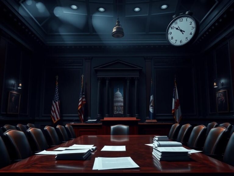 Flick International A dramatic scene in a dimly lit Capitol Hill hearing room with an empty podium