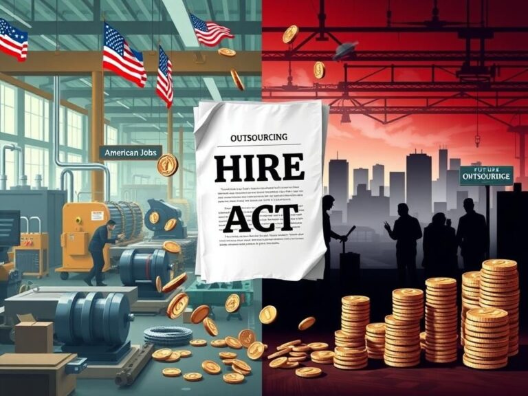 Flick International A split scene illustrating American job creation versus outsourcing, featuring a factory floor on one side and shadowy offshore figures on the other.