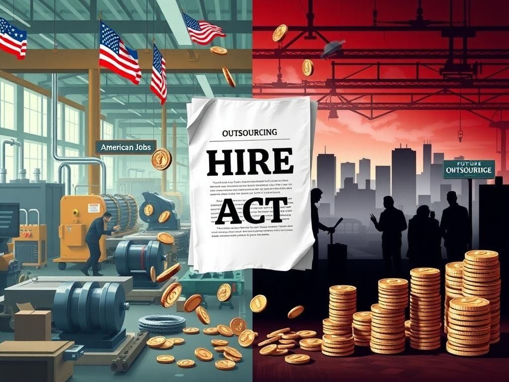 Flick International A split scene illustrating American job creation versus outsourcing, featuring a factory floor on one side and shadowy offshore figures on the other.