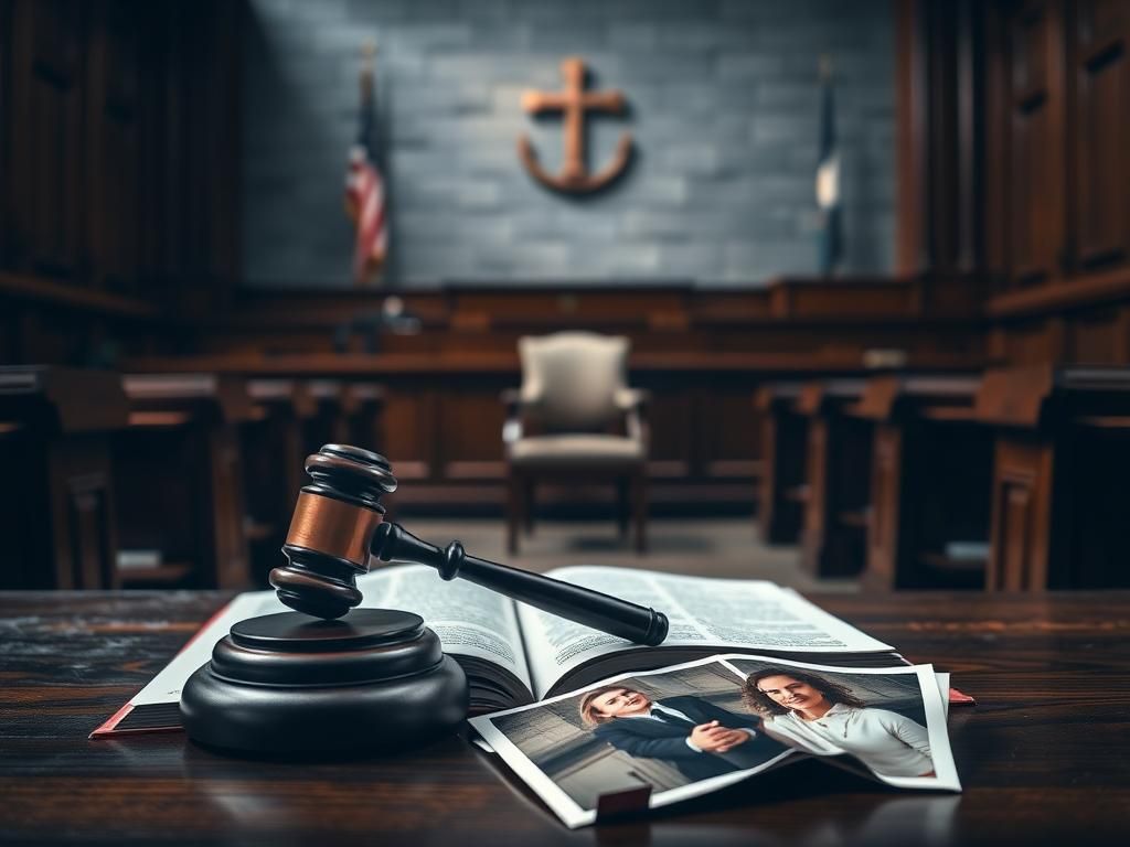 Flick International Somber courtroom interior with gavel and legal book reflecting justice