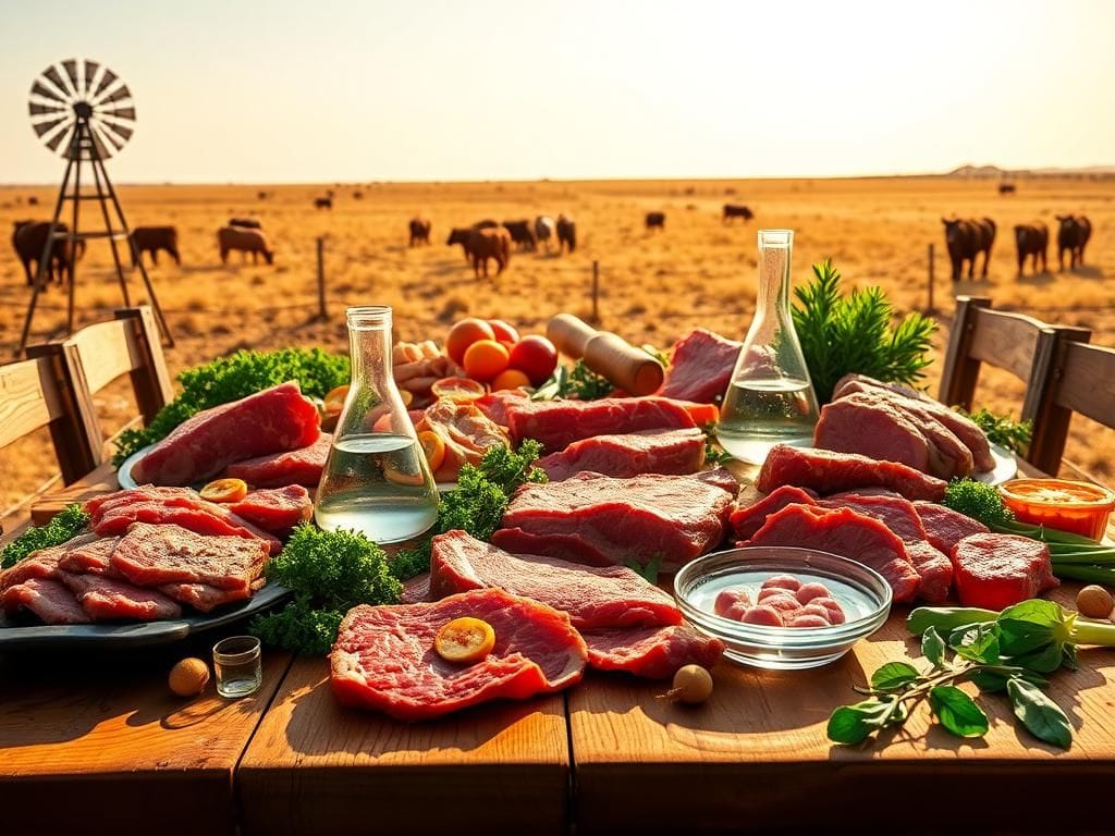 Flick International A rustic wooden table filled with traditional meat cuts and fresh vegetables, symbolizing Texan culinary culture