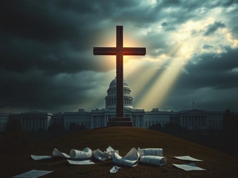 Flick International A weathered Christian cross atop a hill with stormy skies and shadowy government buildings in the background