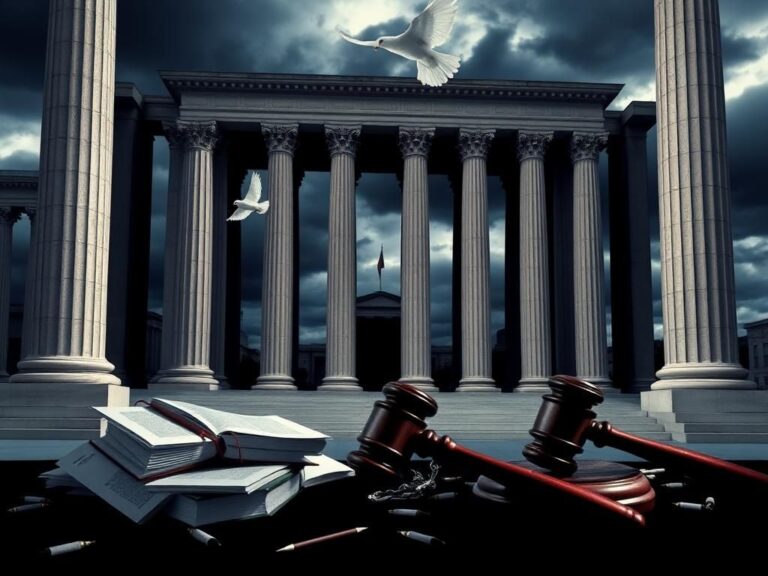 Flick International Dramatic courthouse exterior with imposing columns and stormy sky