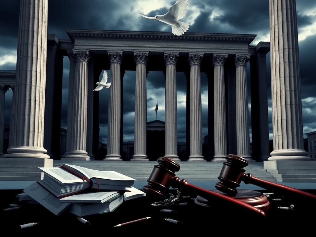 Flick International Dramatic courthouse exterior with imposing columns and stormy sky