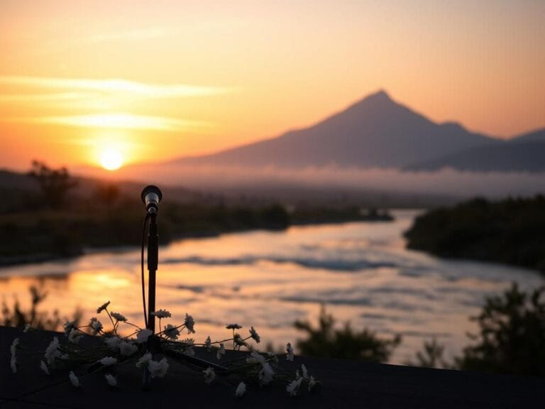 Flick International A serene landscape at dusk with an empty microphone on stage surrounded by flowers.