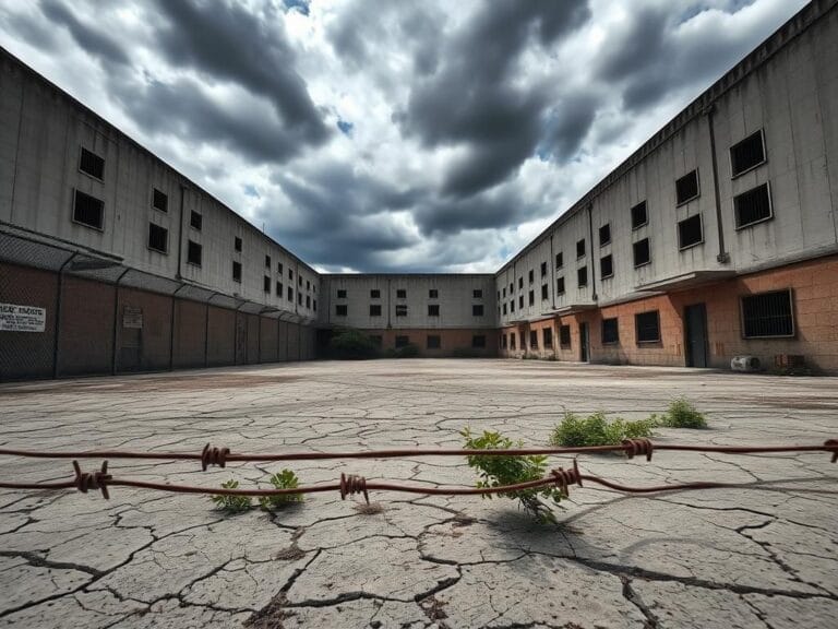 Flick International Abandoned migrant detention facility courtyard with chain-link fences and concrete walls