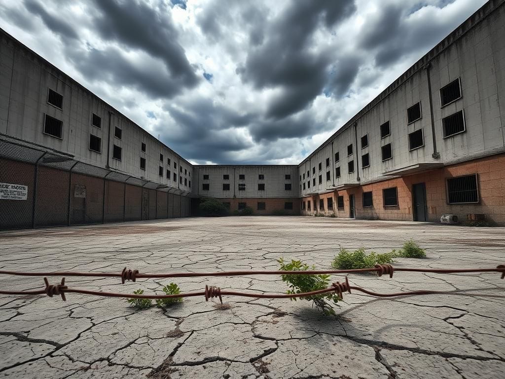 Flick International Abandoned migrant detention facility courtyard with chain-link fences and concrete walls