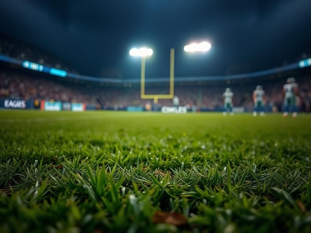 Flick International Close-up view of football field with spittle droplets glistening on slightly muddied grass during an intense NFL night game