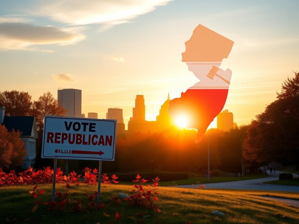 Flick International A vibrant New Jersey suburban landscape with a 'Vote Republican' sign amid colorful autumn leaves