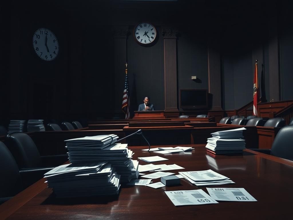 Flick International Empty legislative chamber with American flag, symbolizing government authority amid funding negotiations
